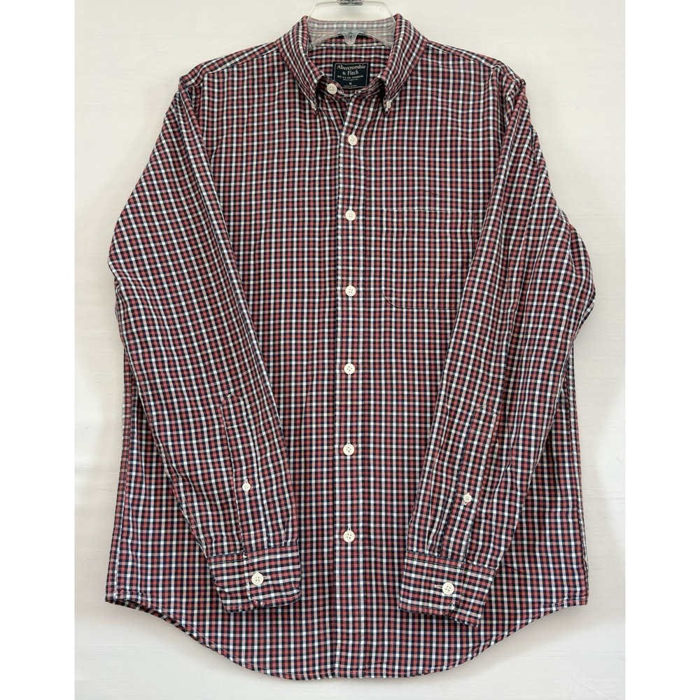Abercrombie Fitch Men's Oxford Shirt Navy Red White 1 Pocket Long Sleeve Medium